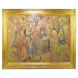 IN THE CIRCLE OF PHOEBE ANNA TRAQUAIR (1852-1936); pre-Raphaelite watercolour heightened in gilt,