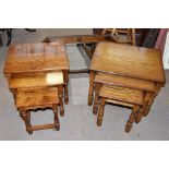 Two nests of oak tables, the tallest 46cm, also an oak wall mirror (3).