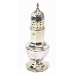 EDWARD VINER; a George V hallmarked silver octagonal baluster sugar caster, Sheffield 1935, height