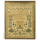 A Victorian needlework sampler worked by Elizabeth Morris, dated 1845, worked with a house, birds