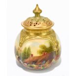 RUSHTON FOR ROYAL WORCESTER; a hand painted pot pourri jar and cover, decorated with a horse and