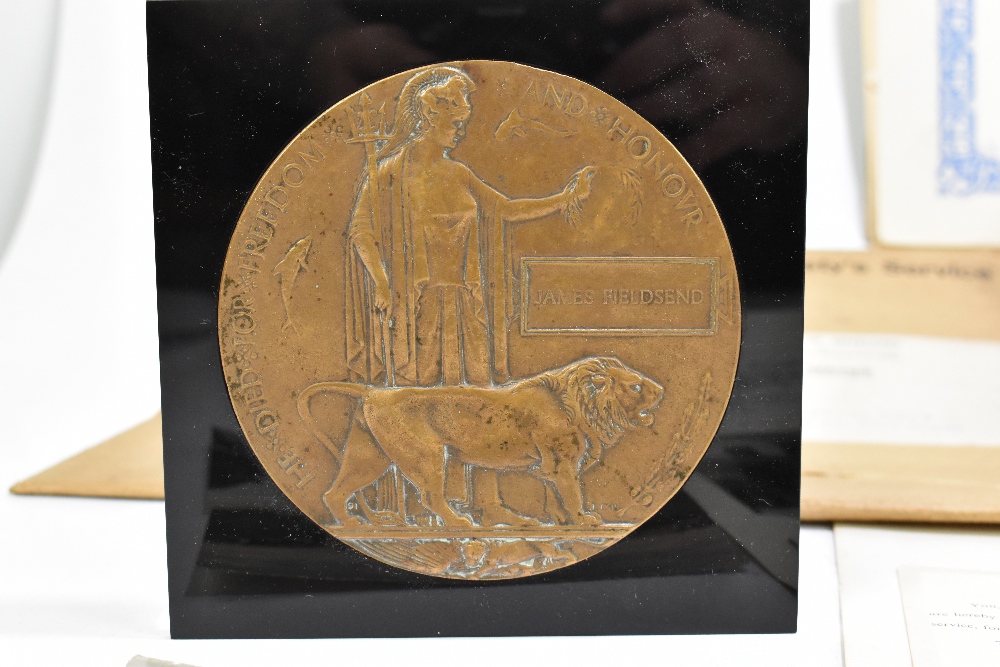 A bronze WWI memorial plaque awarded to James Fieldsend, mounted in a perspex panel, with six WWII - Bild 5 aus 5