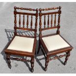 Three pairs of late 19th century French stained beech provincial chairs, each with upholstered