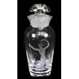 ORREFORS; an unusual cut glass wine pourer of cylindrical form, engraved with a nude maiden below