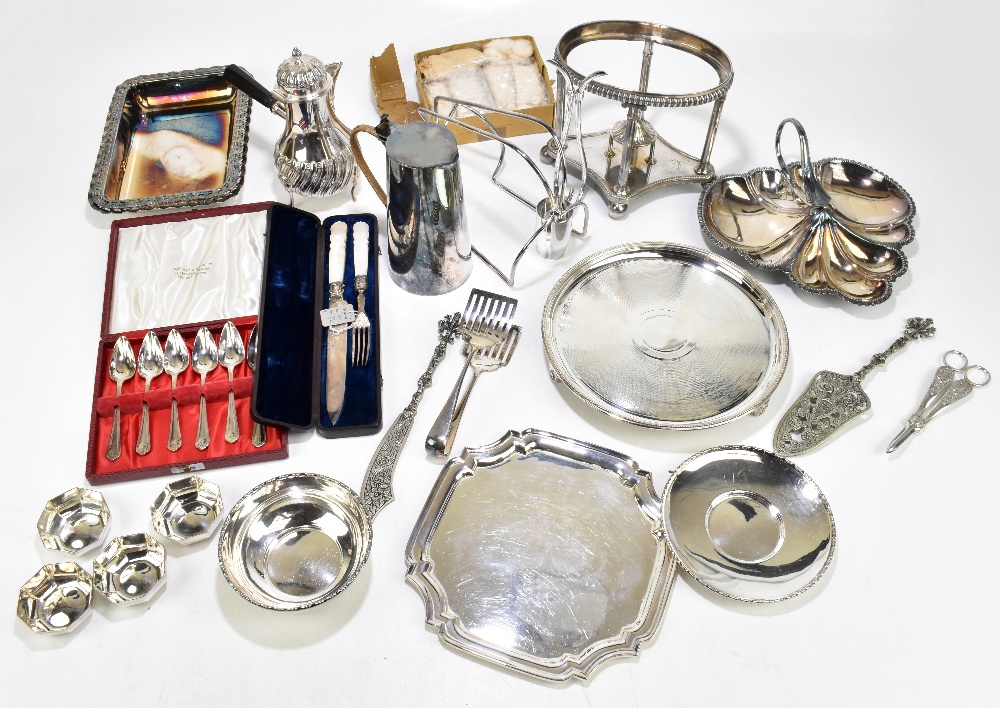 A quantity of silver plate including spirit kettle stand, cased set of mother of pearl handled