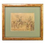 ATTRIBUTED TO GEORGE CATTERMOLE; watercolour, street scene with figures on horseback beside