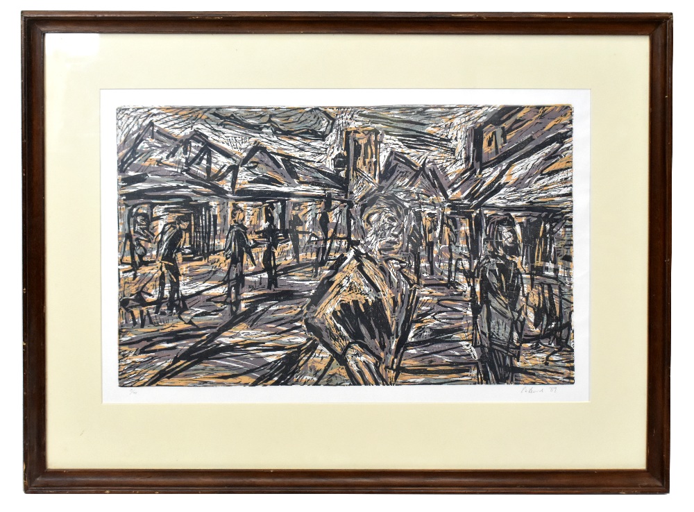 P. BEARD; a pencil signed limited edition print, figures with abstract buildings, signed and dated