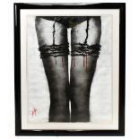 AFTER JUAN SLY; mixed media on paper, 'Barbed Wire Stockings', 68.5 x 53cm, framed and glazed.