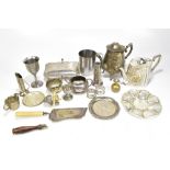 A small mixed lot of assorted silver plate including a teapot, a stainless steel goblet, etc.