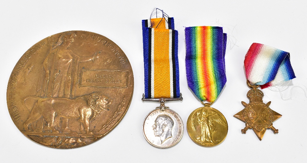 A WWI medal group awarded to 19677 Pte G.H. Emsley, West Yorkshire Regiment, comprising 1914-1915