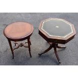 A reproduction octagonal topped occasional table with green leather inset top above an arrangement