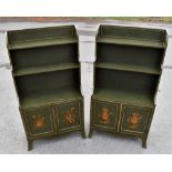 A pair of reproduction green and gilt painted waterfall bookcases, with two fixed shelves above a