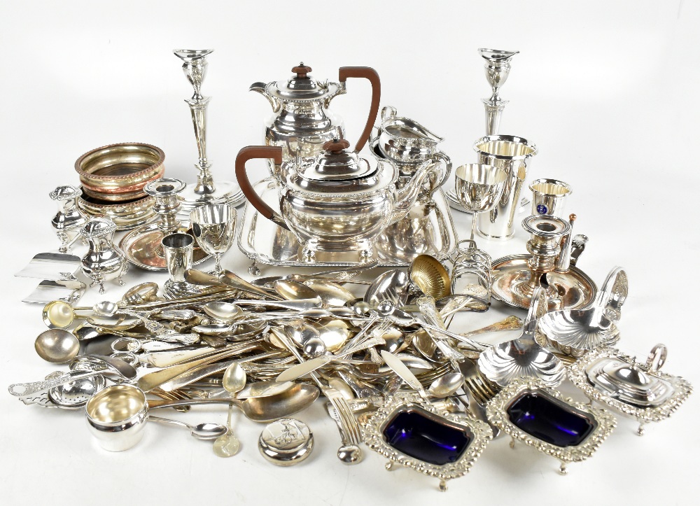 A collection of 19th century and later silver plate including a Harrod's four piece tea service, a