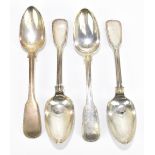 MITCHELL & SONS; a set of four Scottish hallmarked silver Fiddle & Thread pattern tablespoons,