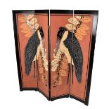 A Japanese Art Deco style carved, painted and lacquered four fold room screen, decorated with birds,