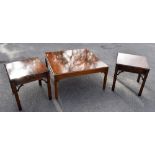 A reproduction mahogany veneered coffee table on block legs, width 91cm, height 46cm, and a pair