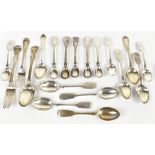 Fourteen 19th century and later hallmarked silver spoons and a fork, various patterns, dates, and