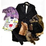 A selection of vintage textiles including a 1950s floral pattern fragment, a selection of furs,