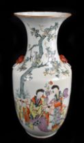 A large 19th century Chinese vase with Taotie ring mask handles and painted with various figures