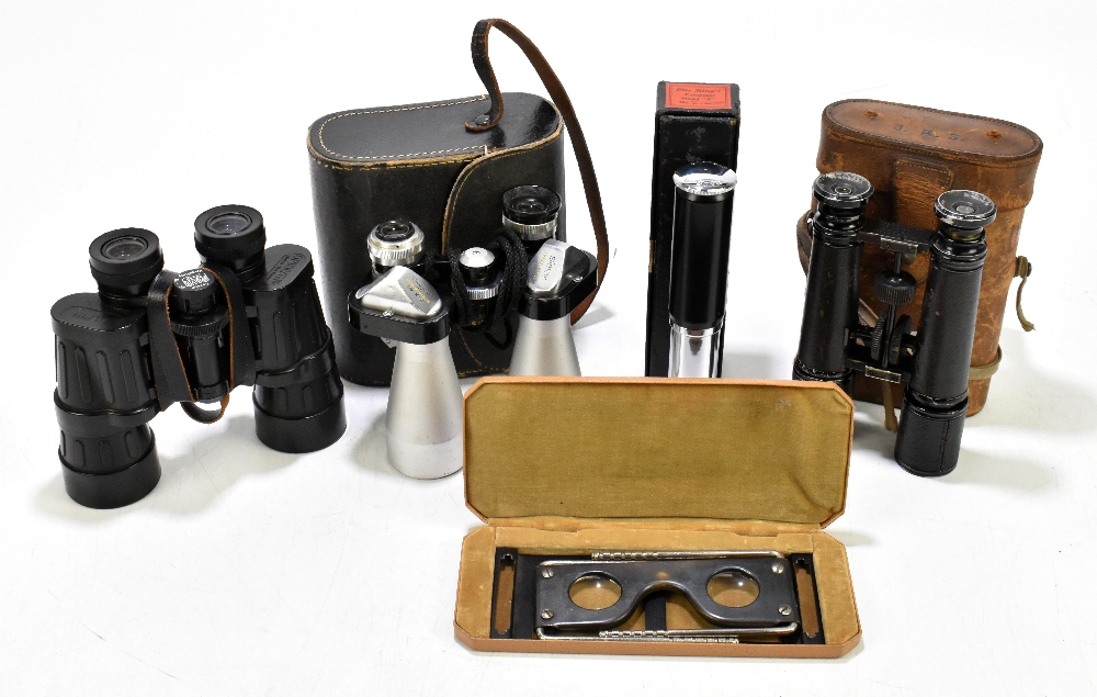 A pair of leather cased Negretti & Zambra field binoculars, two further pairs of binoculars, a boxed