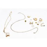 A collection of 9ct yellow gold and yellow metal jewellery including a necklace, loop textured