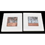 JANINE PARTINGTON; two contemporary enamel plaques each decorated with trees in landscape scenes,