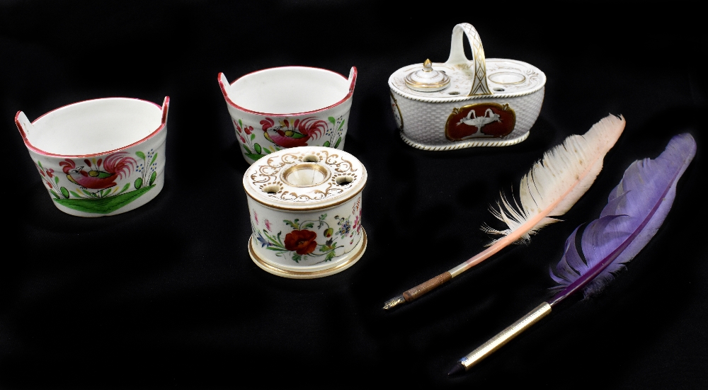 S'ELEUIEUT; a pair of French porcelain butter bowls with hand painted decoration of cockerels in