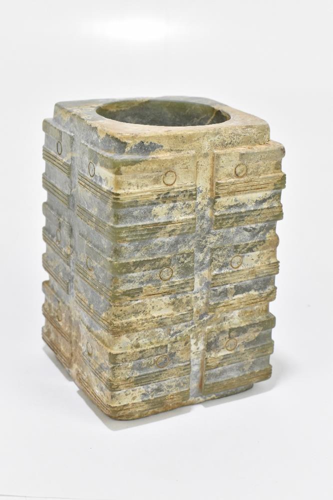 An archaic jade cong with nine horizontal bands to the body, height 13.5cm, width 8.5cm. Provenance: - Image 2 of 11