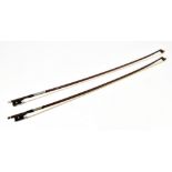 Two German nickel mounted violin bows, stamped Bausch and Knoll, length 72cm (2).