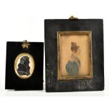 A 19th century portrait miniature watercolour, side profile of a maiden with curly hair and a blue