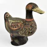 A Chinese Han Dynasty lacquered model of a duck with polychrome decoration, length 31cm.