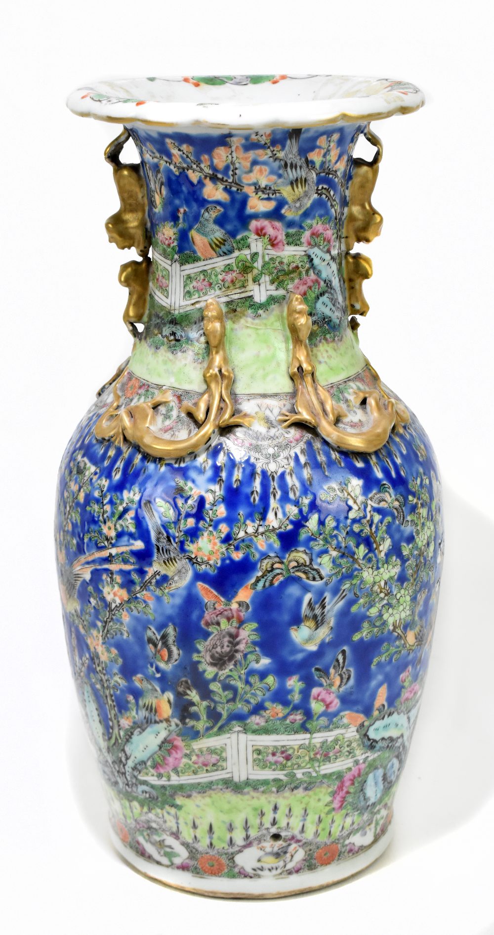 A 19th century Chinese Famille Rose porcelain vase, with moulded handles and applied creatures,