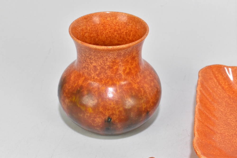 ROYAL LANCASTRIAN; five pieces decorated in an orange vermillion glaze including a pair of squat - Image 2 of 6