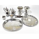 A small collection of silver-plate comprising four piece tea service, salver, tray with gallery