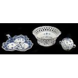 ROYAL COPENHAGEN; three pieces of blue fluted half lace porcelain comprising a triangular leaf