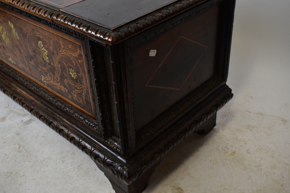 A 19th century Italian carved oak, marquetry and ivory inlaid cassone, the top and front panel - Image 3 of 7