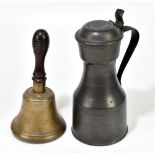 A vintage brass school bell with turned wooden handle and a pewter tankard, height 25cm (2).