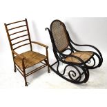 A Thonet style stained bentwood rocking chair, and a country kitchen chair reduced in height (2)