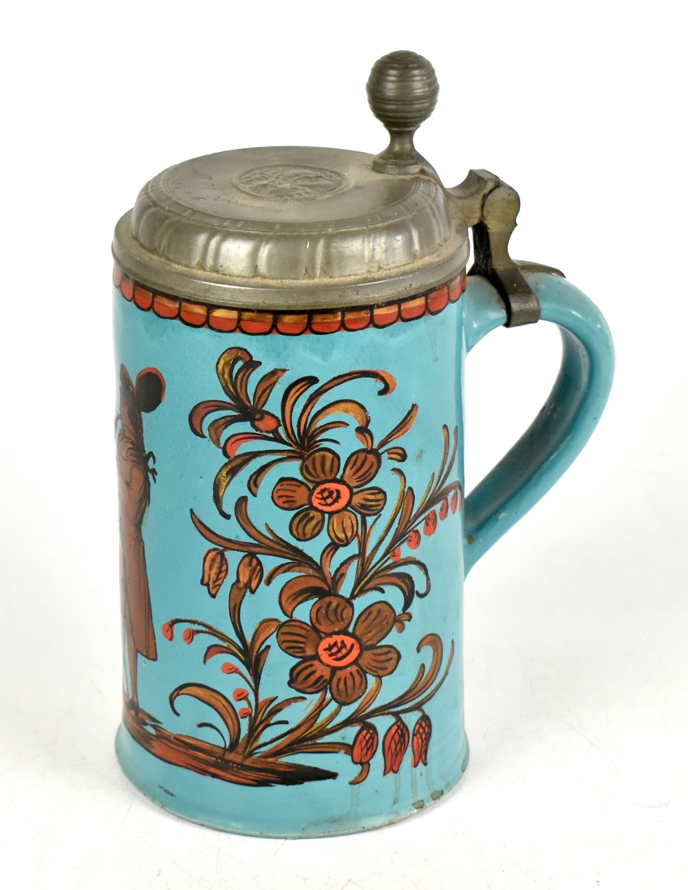 An 18th century German faïence stein, with hinged pewter lid engraved 'A.M.Körnerin 1796', the