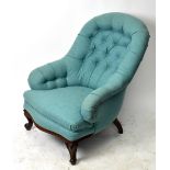 A Victorian carved mahogany salon chair, with green upholstery, on cabriole legs, height 85cm.