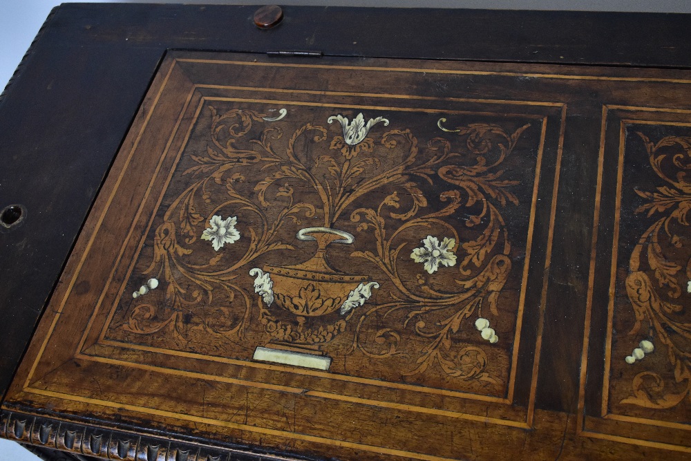 A 19th century Italian carved oak, marquetry and ivory inlaid cassone, the top and front panel - Image 5 of 7