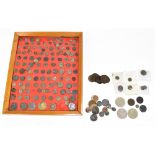 A collection of Roman and later coins, a large percentage of which have been glued to a velvet pad