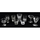 A collection of nine 19th century and later drinking glasses to include a 'Last Drop' drinking