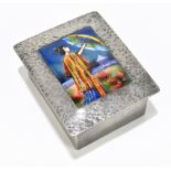 LIBERTY & CO; a pewter and enamelled rectangular trinket box, no.0553, the hinged lid set with