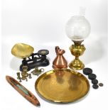 Mixed metalware to include a set of kitchen scales, a brass oil lamp etc.