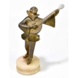 An Art Deco bronzed metal figure of Pierrot playing the lute, on alabaster plinth base, height