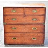 A 19th century brass bound teak two section campaign chest, with two short and three long drawers