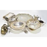 An assortment of silver plate including a twin handled tray, swing handled bread basket, etc.