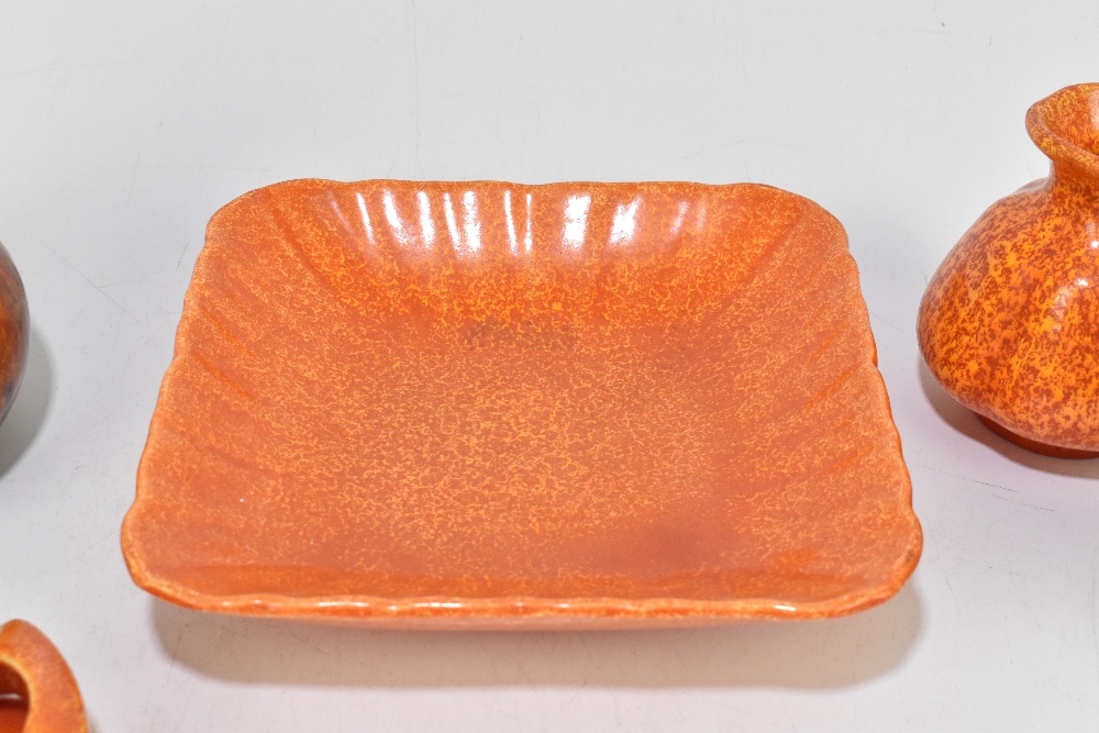 ROYAL LANCASTRIAN; five pieces decorated in an orange vermillion glaze including a pair of squat - Image 3 of 6