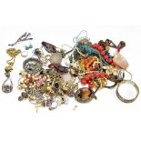 A small collection of assorted costume jewellery including a pair of silver mounted earrings, a